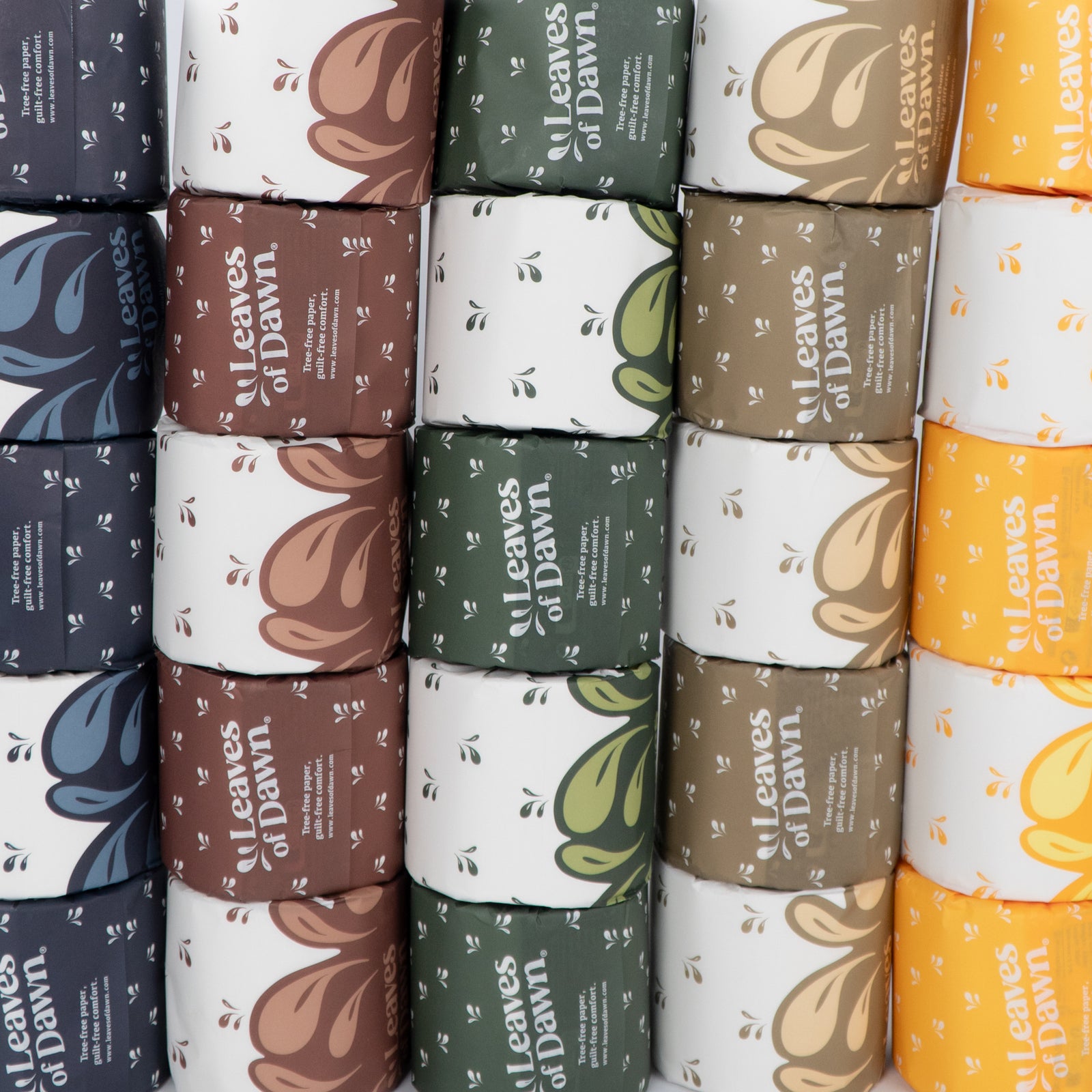 Leaves of Dawn premium 4-ply bamboo toilet paper rolls, packshot, showing their packaging. 
